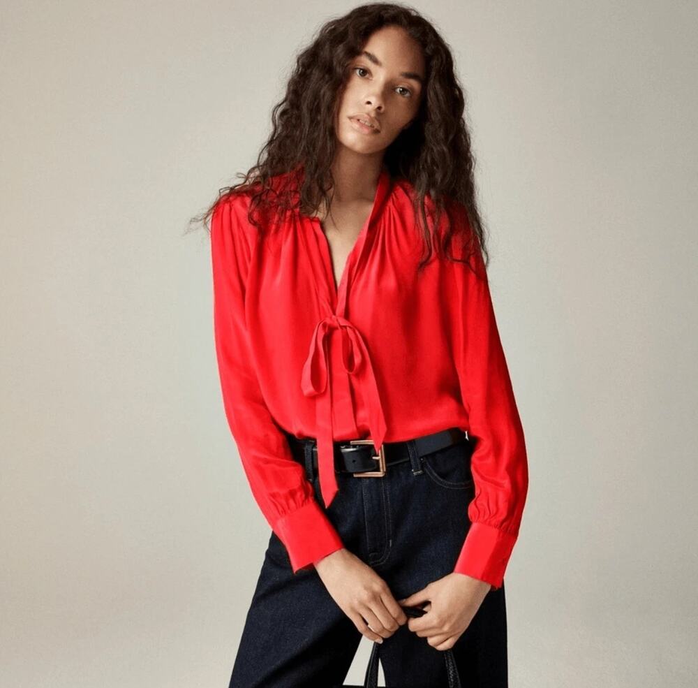 J.Crew Tie-Neck Top in Crepe de Chine Bow Button Up Shirt in Red Size 8 NWT $118
